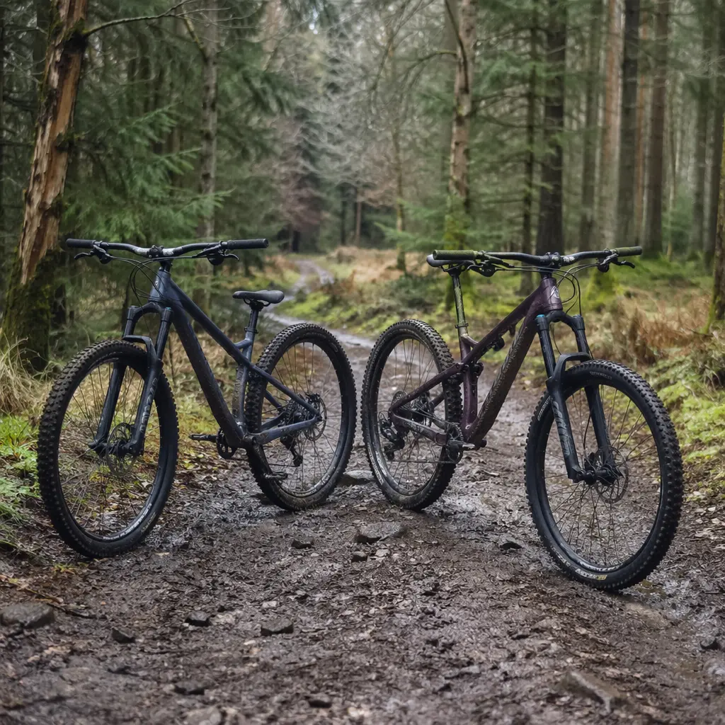 Hardtail and full-suspension mountain bikes on a forest trail