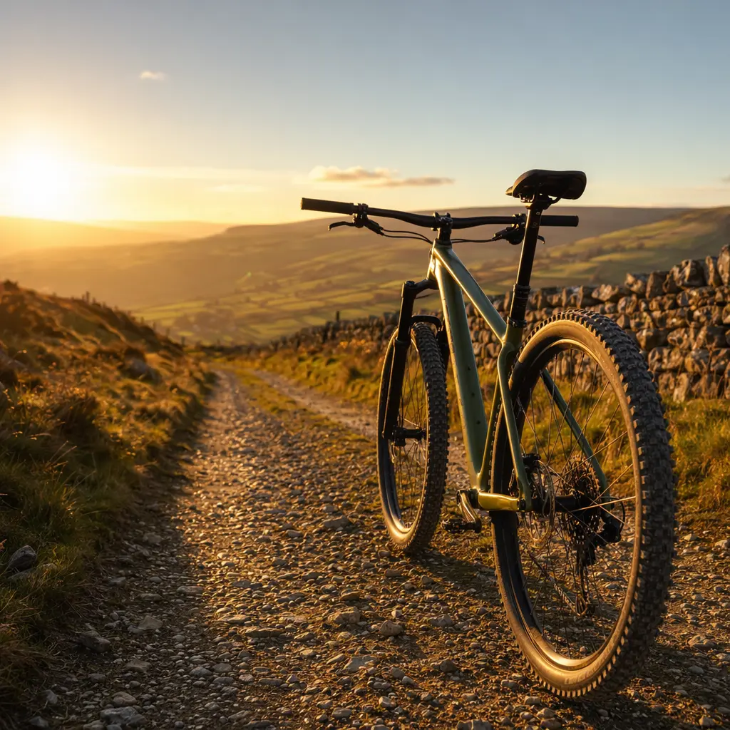 Hardtail mountain bike on a sunlit UK gravel trail