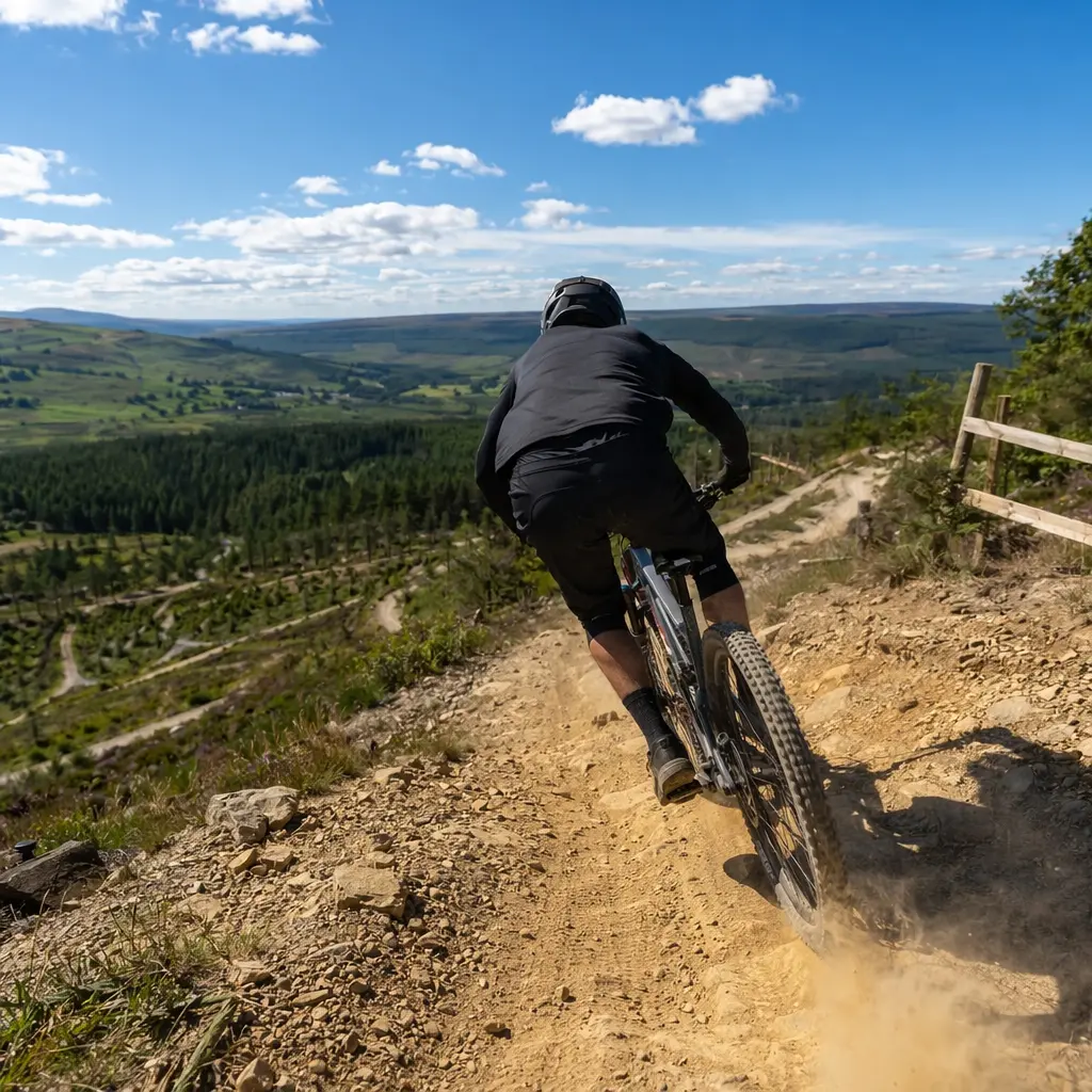 Full suspension mountain bike on a sunny UK trail centre descent