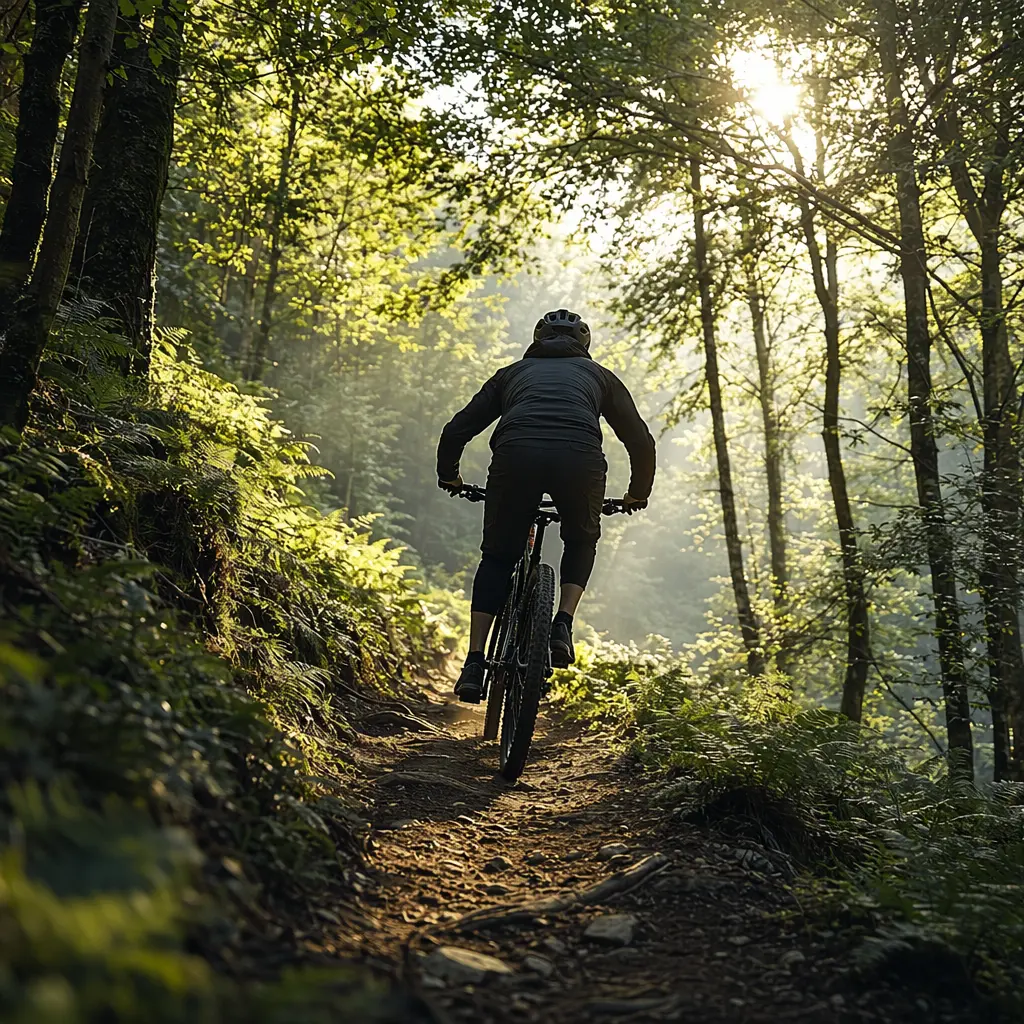 Mountain bike on a sunlit UK woodland trail with rider silhouette