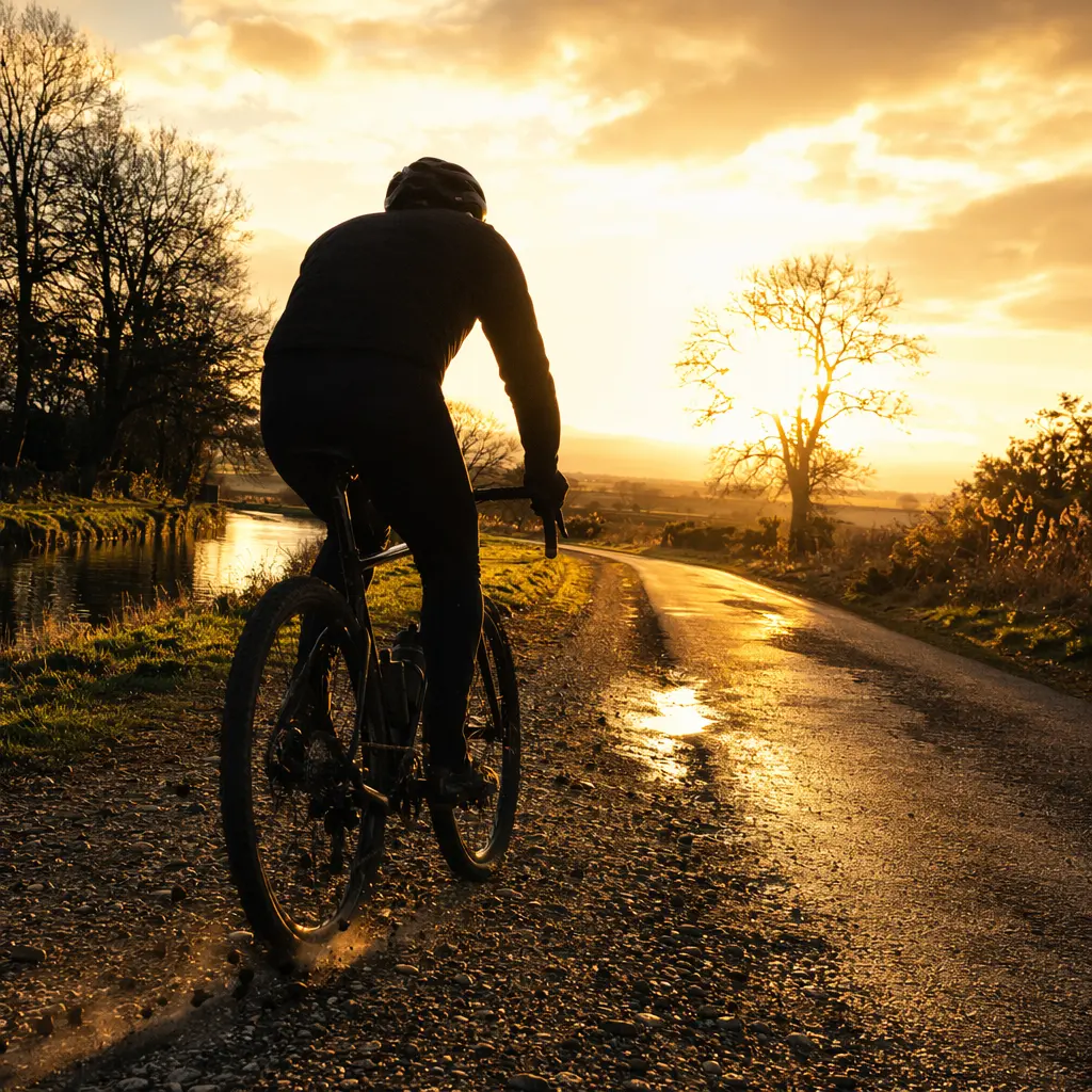 Silhouetted cyclist transitioning from a towpath to a rough country lane at sunset