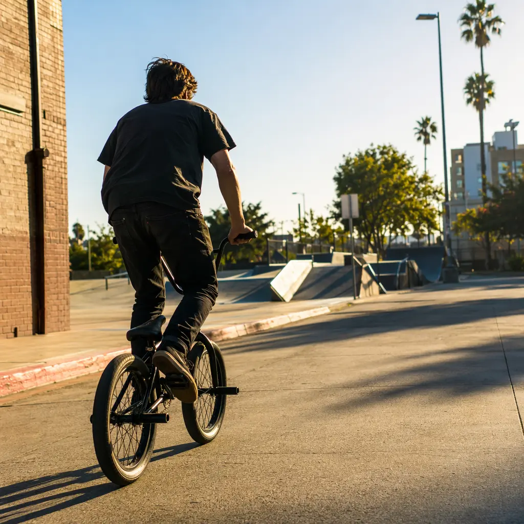 A BMX bike being ridden toward a skatepark on a bright, sunny street