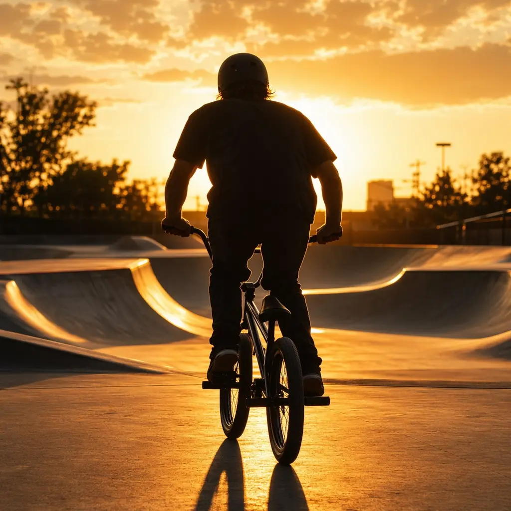 A BMX rider silhouetted at golden hour riding into a skatepark on a compact bike