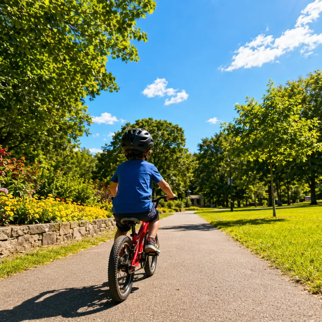 Child-sized bike being ridden along a sunny park path