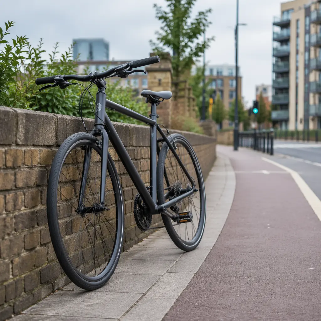 Hybrid bike on an urban UK cycle path with a clean, modern look