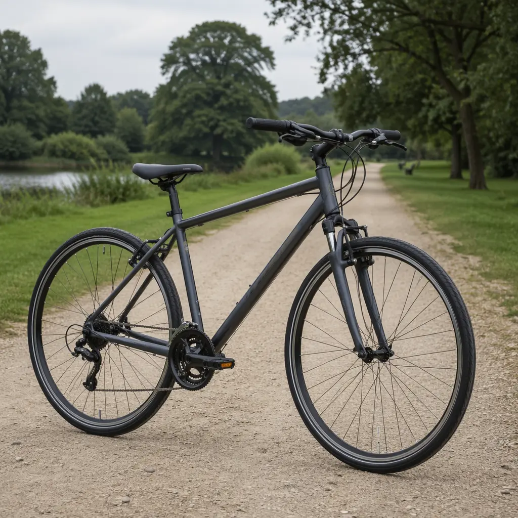 Hybrid bike on a light gravel track in a UK park