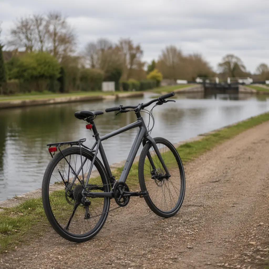 A modern hybrid bike beside a UK canal towpath in soft natural light