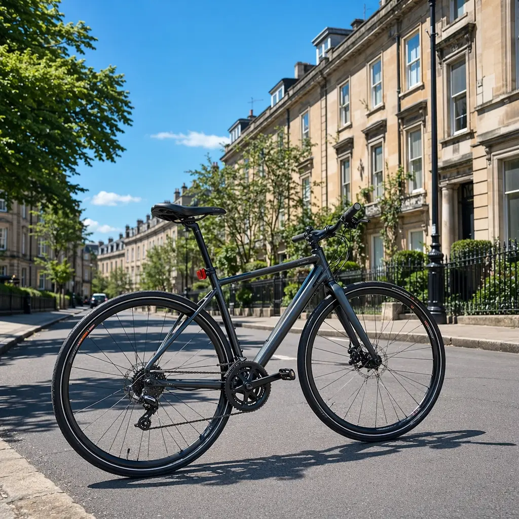 Hybrid bike on a sunlit urban street with a bright blue sky