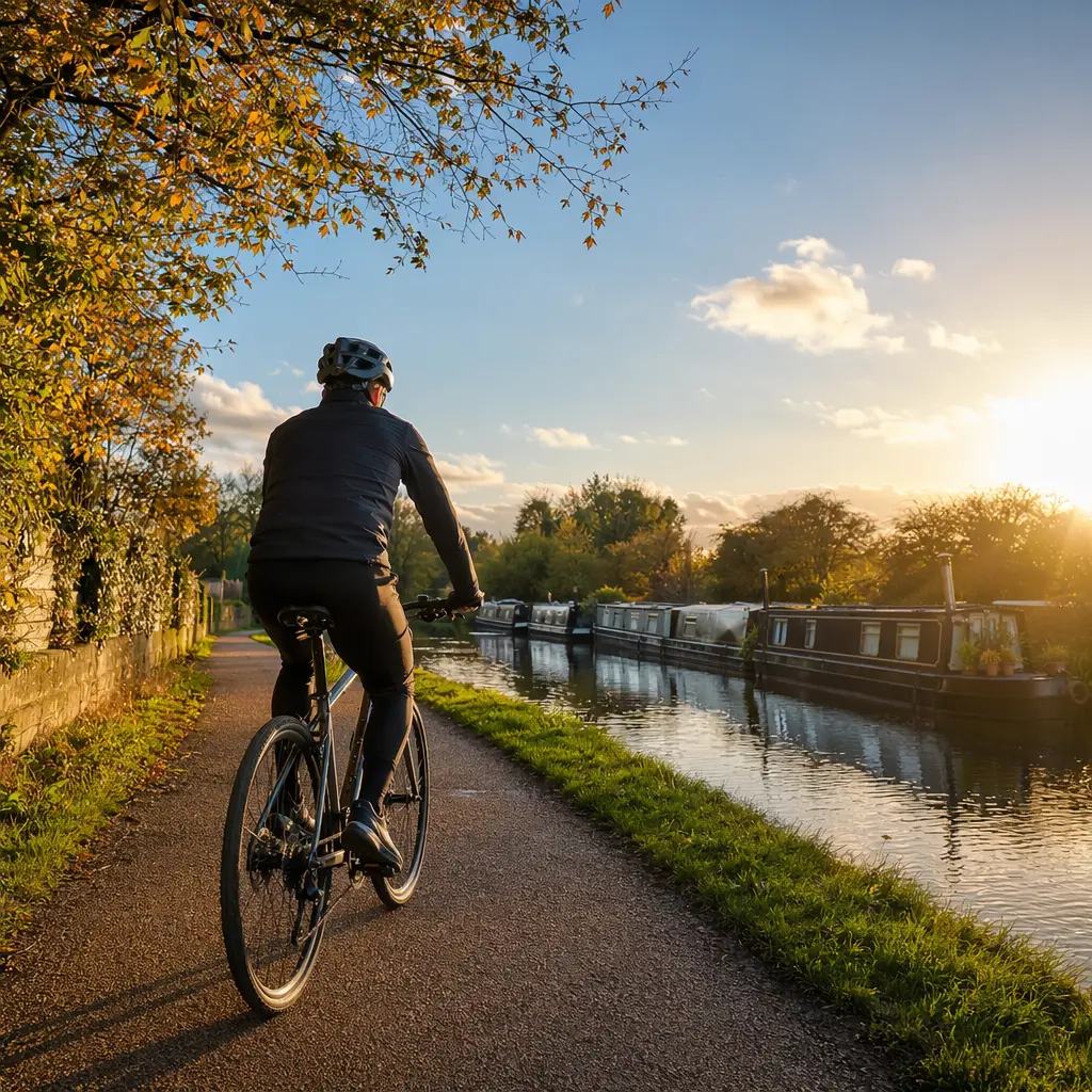 Hybrid bike riding along a canal towpath in warm golden-hour light