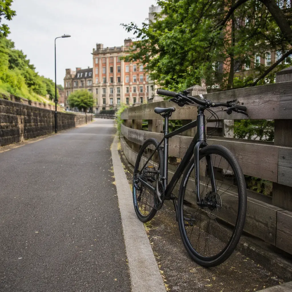Hybrid bike parked beside an urban cycle path, showing a clean and practical design.