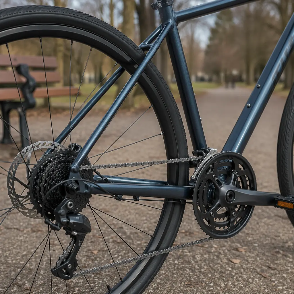 Close-up of a hybrid bike’s gears and disc brake in a park setting.