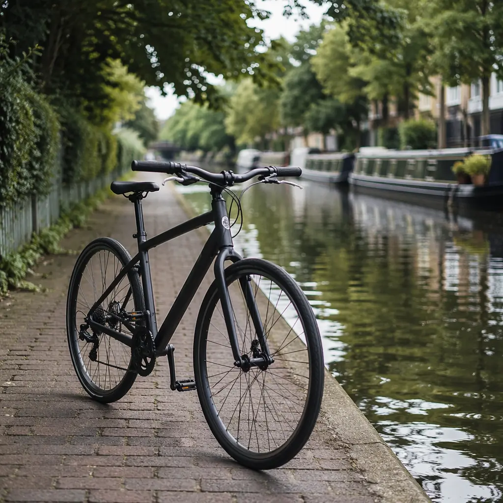 A modern hybrid bike photographed on a UK canal towpath in soft natural light.