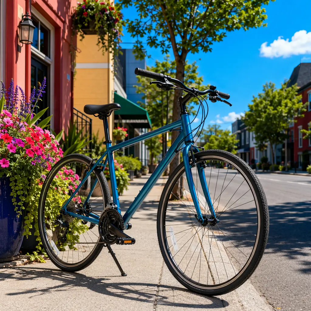 Hybrid bike with upright handlebars on a sunny urban street
