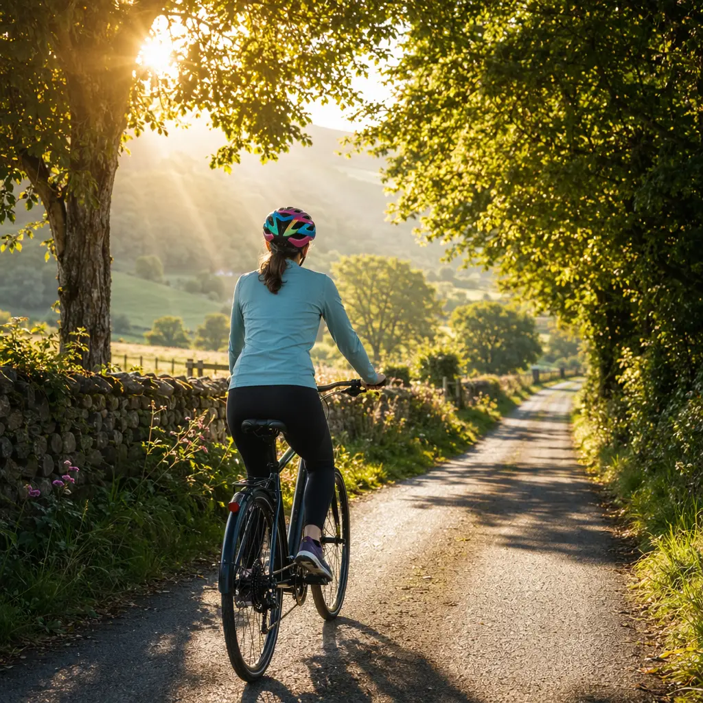 Relaxed upright hybrid bike ride on a sunny country lane
