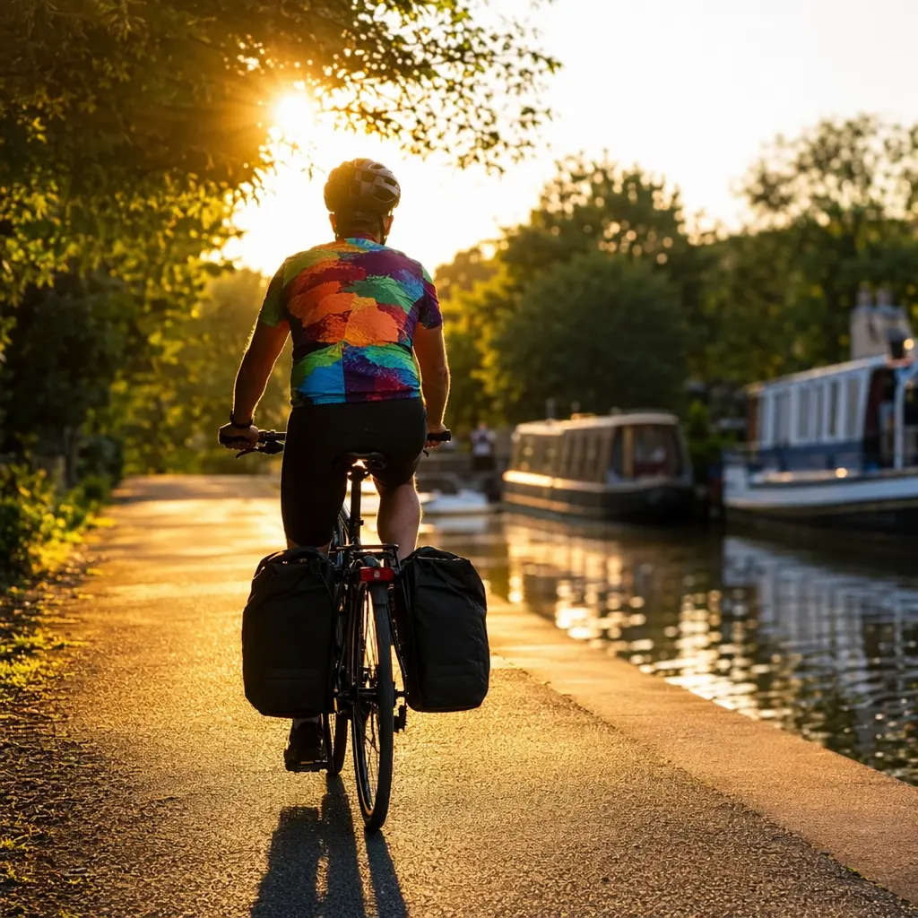 Upright hybrid bike being ridden along a canal towpath at golden hour, showing relaxed riding position