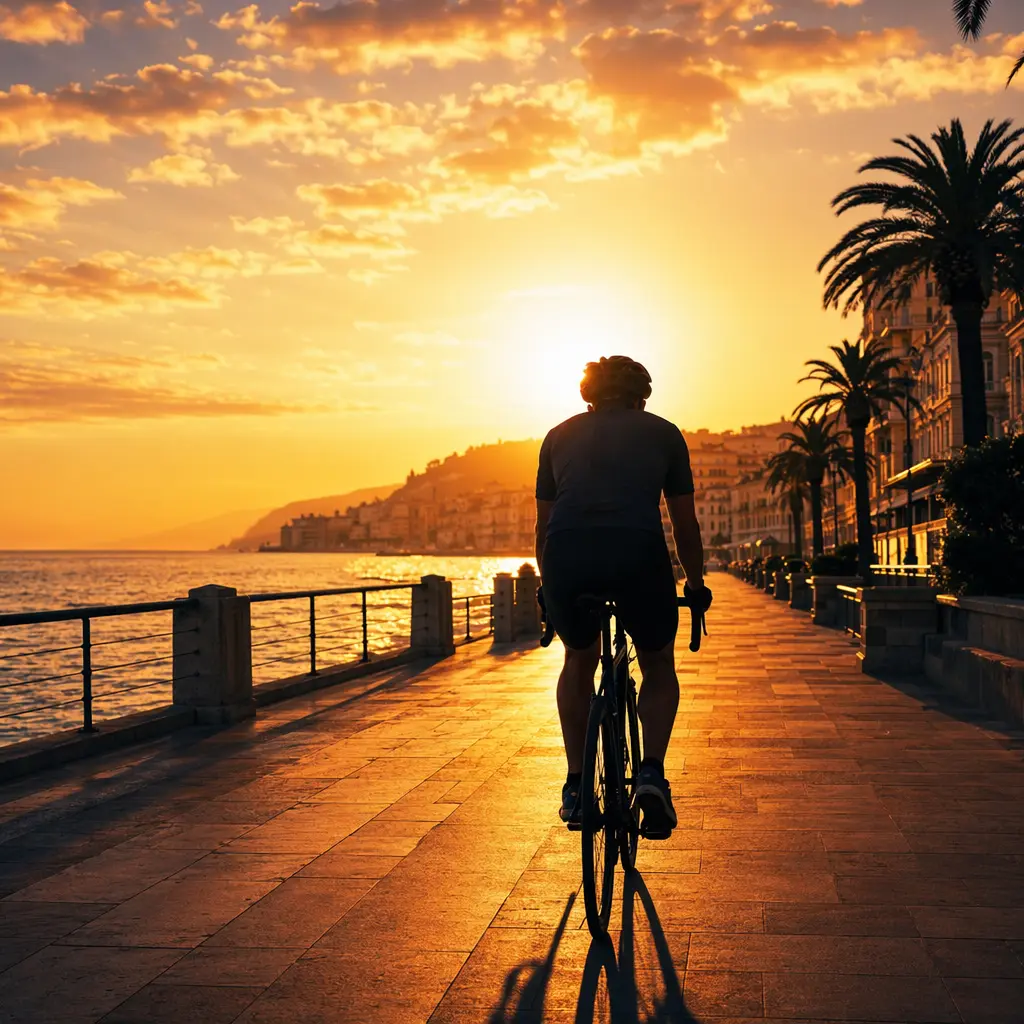 Silhouette of a rider commuting along a bright seafront path