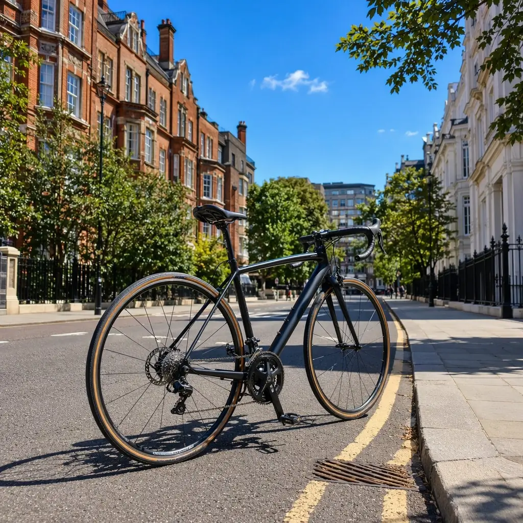 Hybrid-style bicycle on a bright UK street in summer light