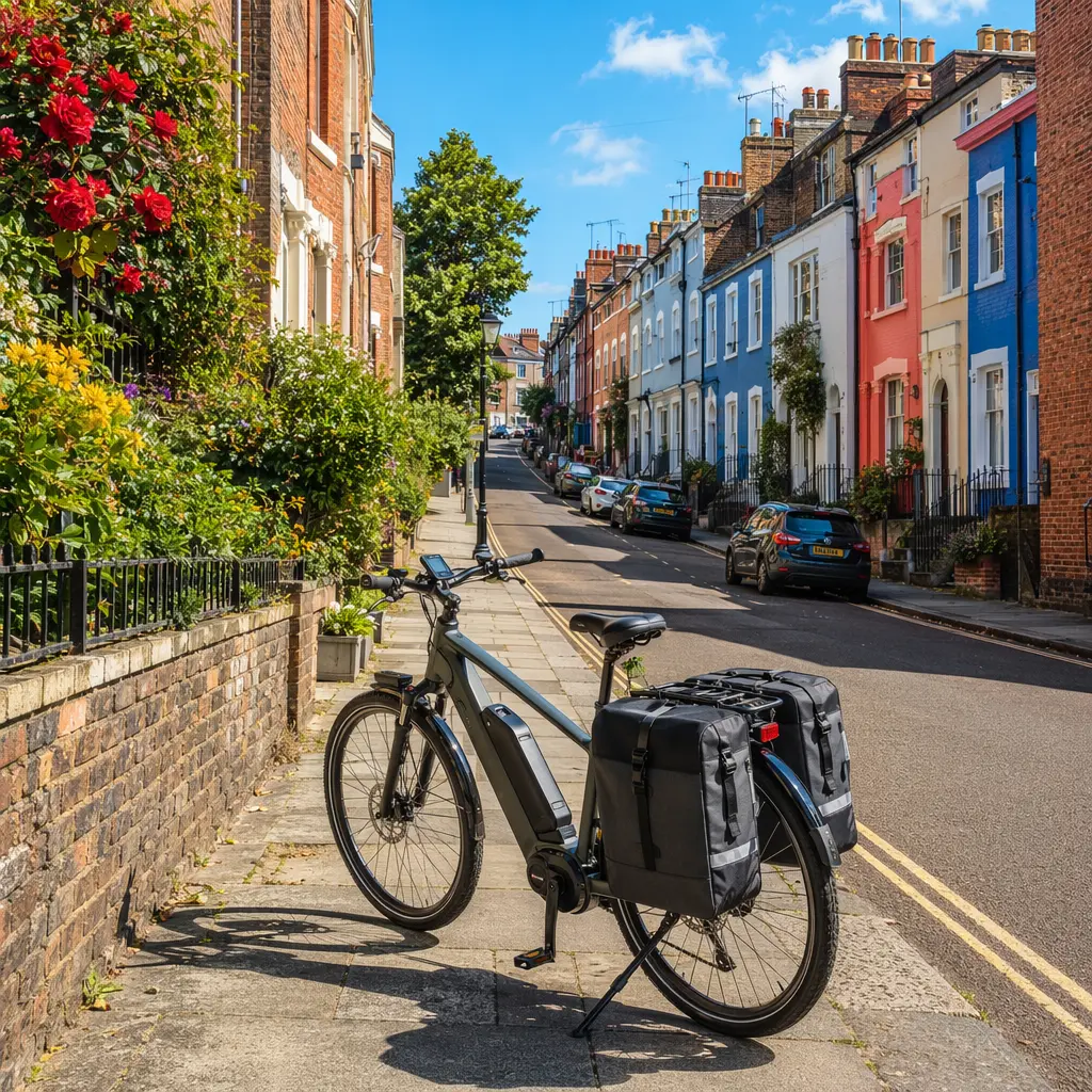 Electric commuter bike with panniers on a sunny urban street