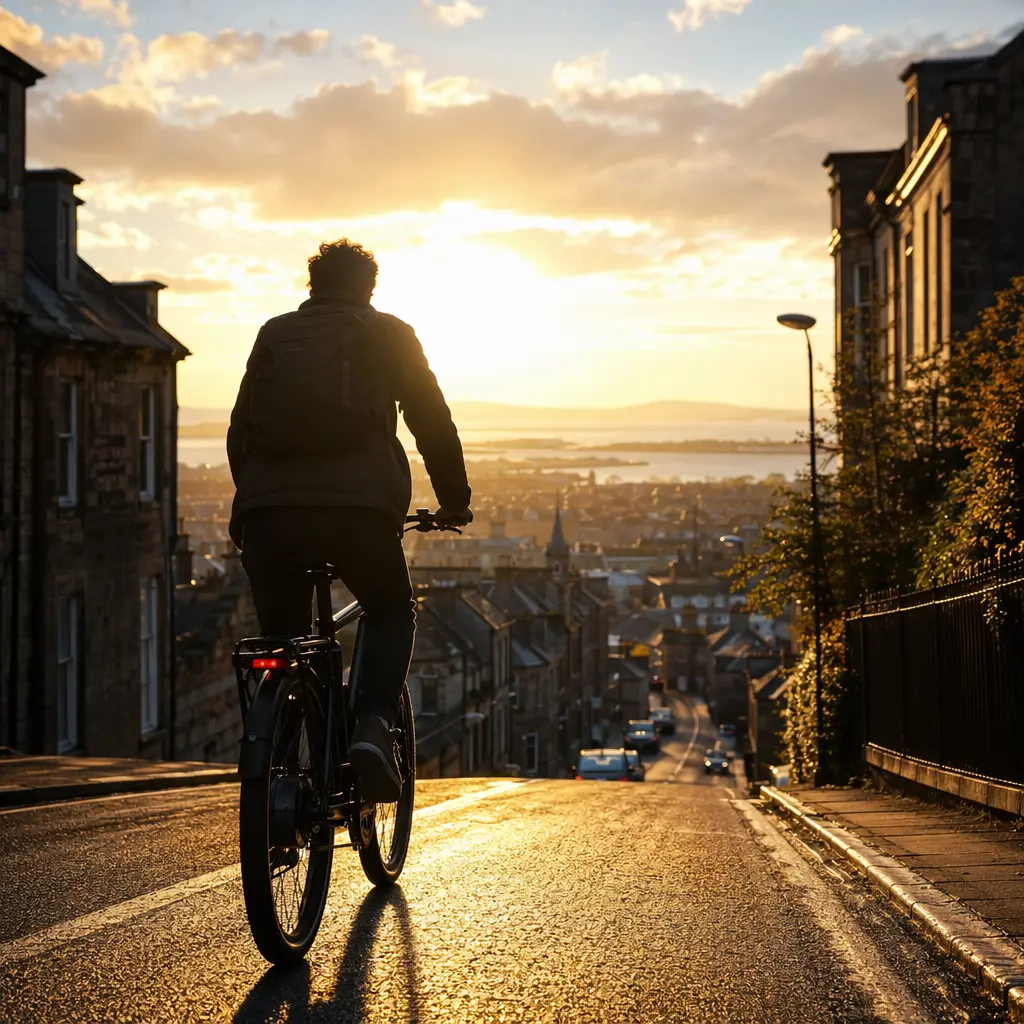 Silhouette of an electric bike rider climbing a steep urban hill at golden hour
