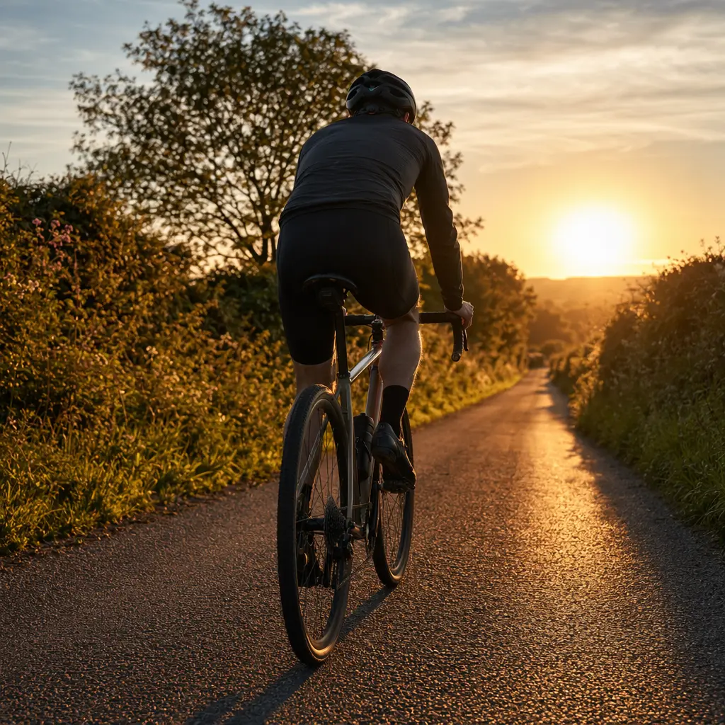 Gravel bike riding along a sunlit UK country lane during golden hour