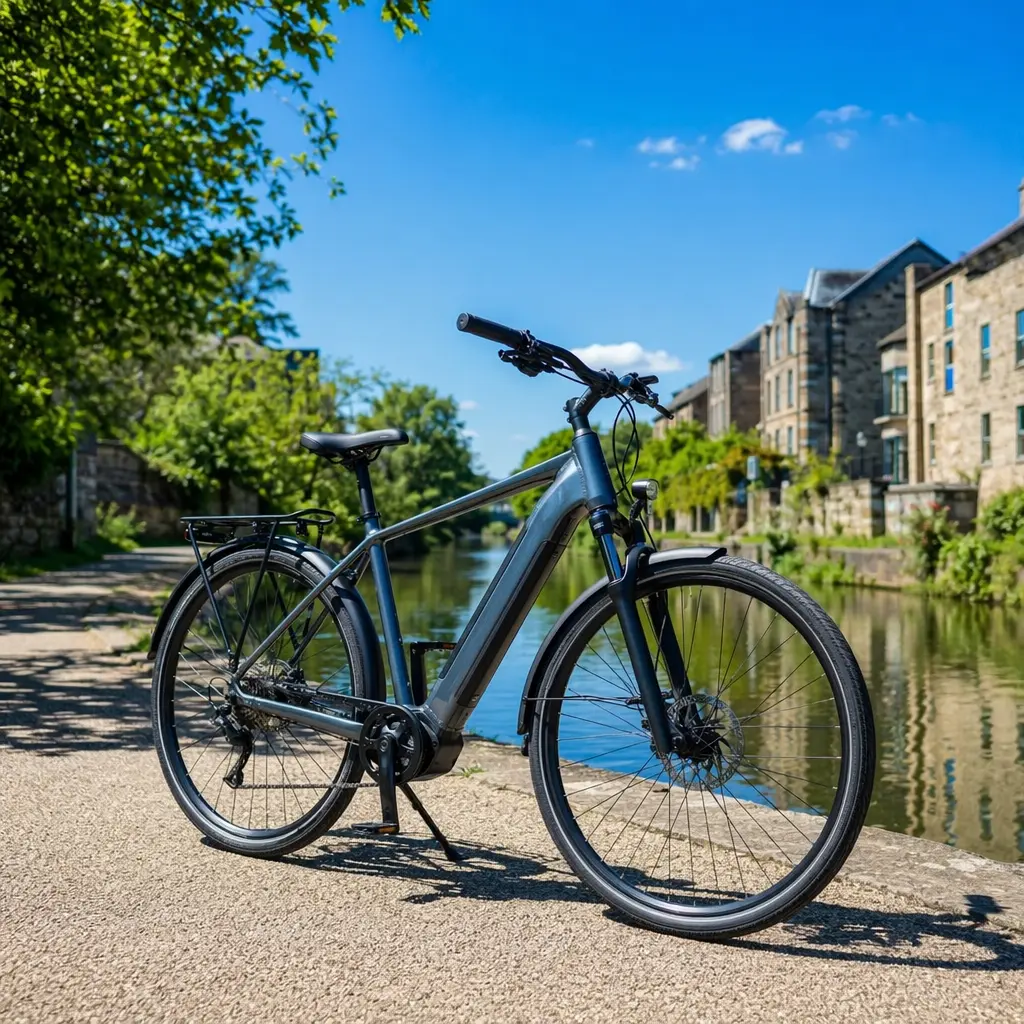 Electric commuter bike beside a sunny canal towpath under a blue sky