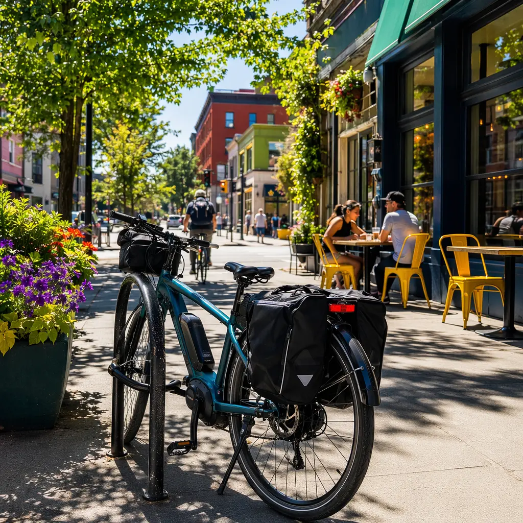 Electric bike with panniers in bright sunlight on an urban street
