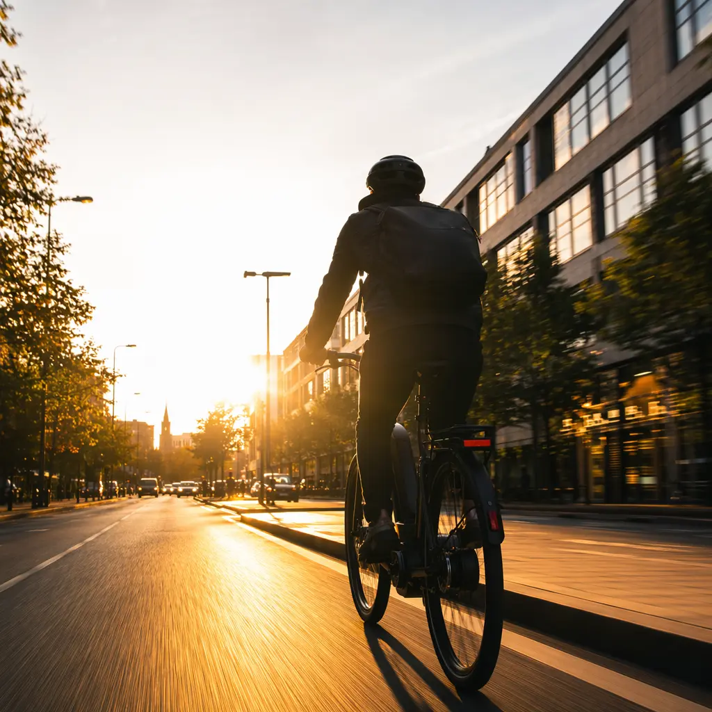Silhouetted rider commuting on an electric bike at golden hour on a city street