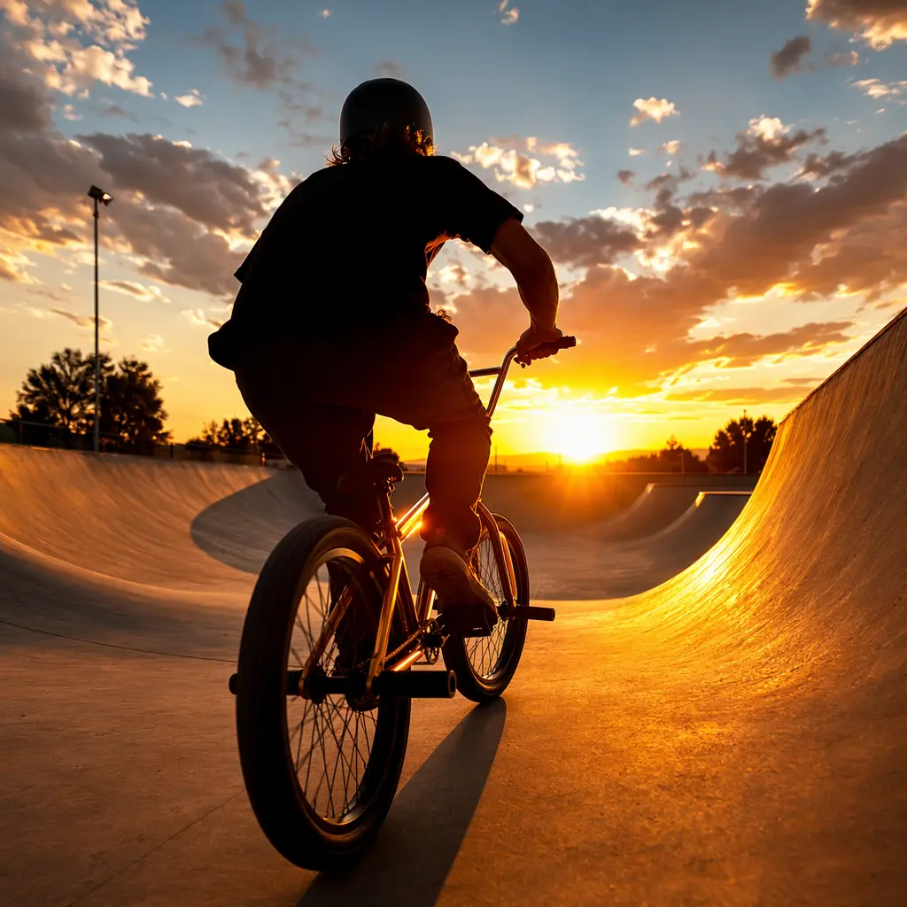 Silhouetted BMX rider entering a skate park bowl in warm golden-hour light