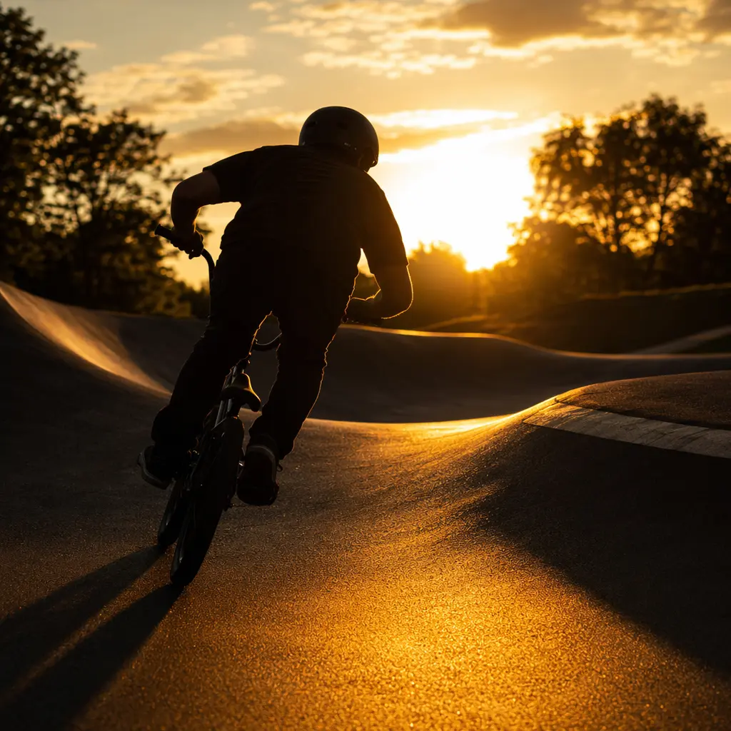 Silhouette of a rider on a BMX bike flowing through a pump track at golden hour