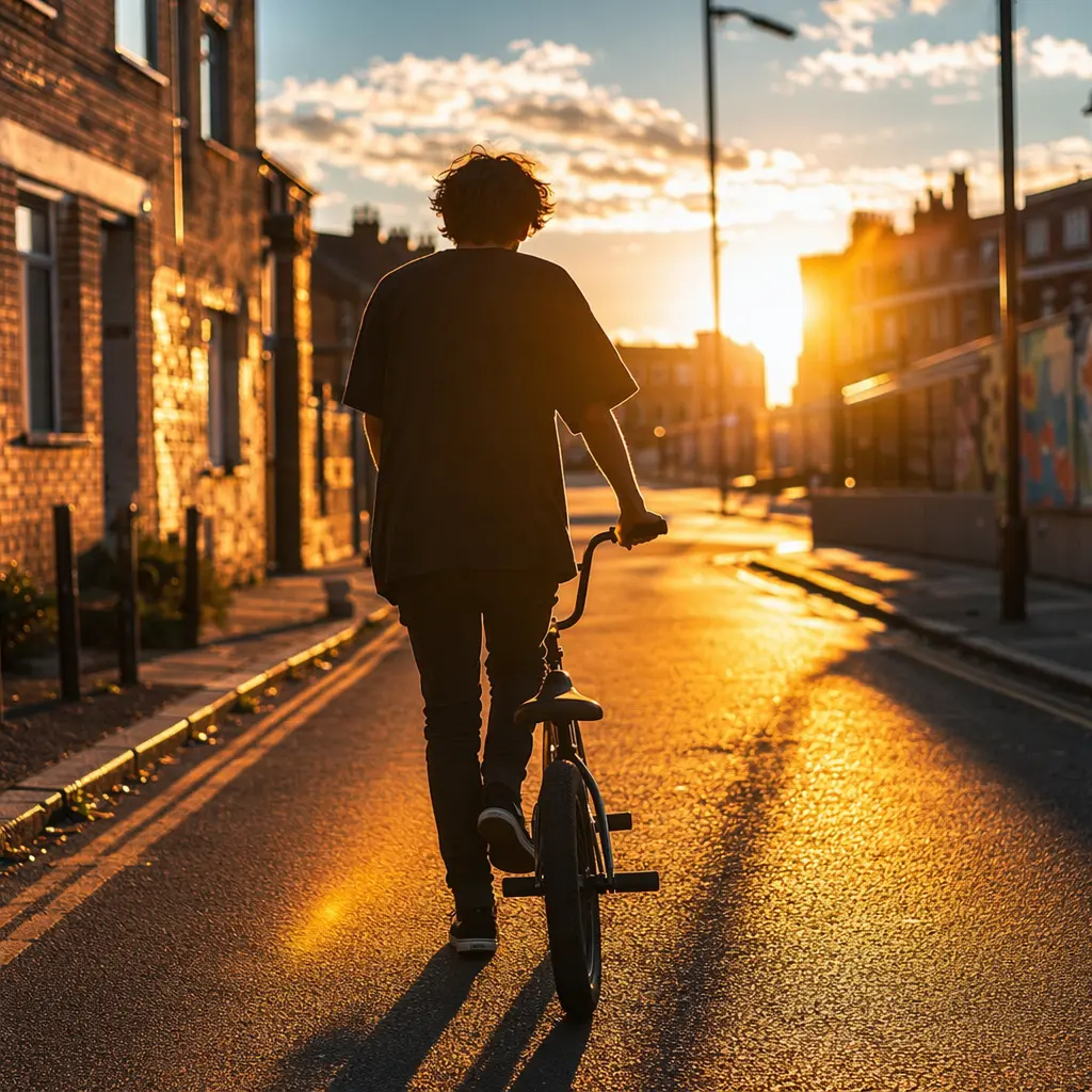 Teenager riding a BMX bike on a sunlit urban street at golden hour