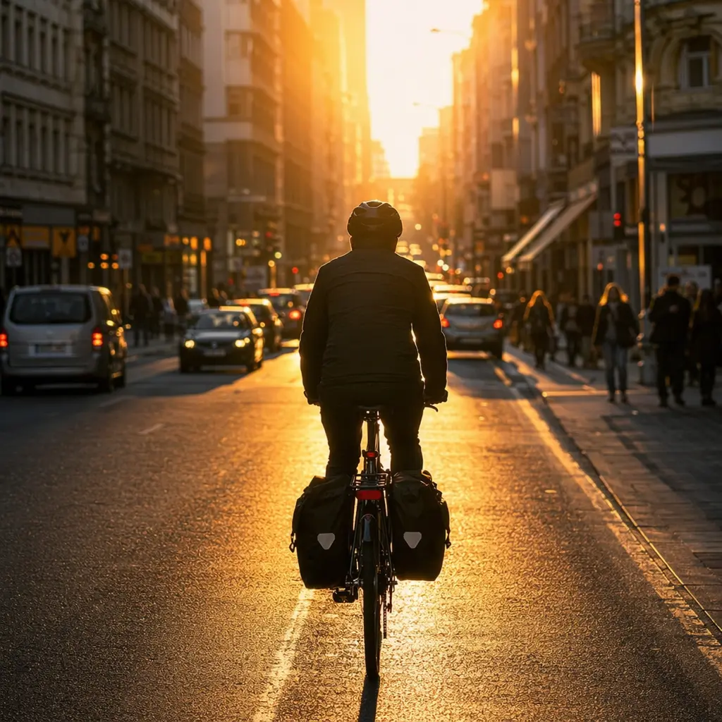 Silhouette of a rider on an upright commuter bike riding through a sunlit city street