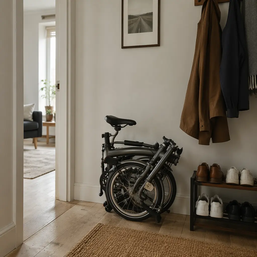 A folding bike stored neatly in a small flat hallway