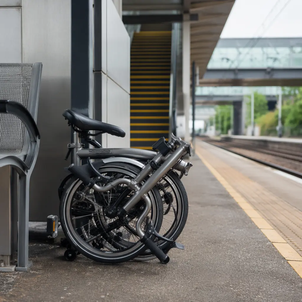 A folded bike on a UK train platform, ready for a mixed train-and-cycle commute.