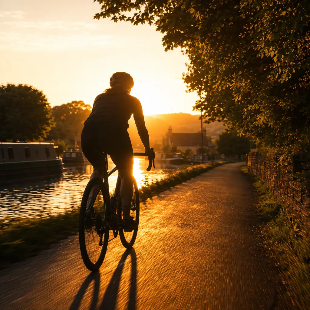 Silhouette of a cyclist on a gravel bike riding along a sunlit UK canal path