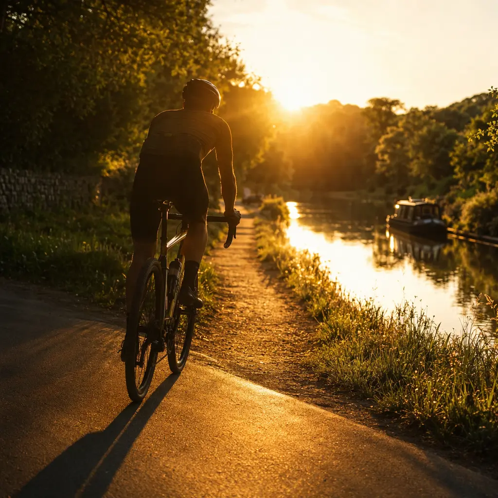 Silhouette of a cyclist on a gravel bike riding from tarmac onto a sunlit canal path at golden hour