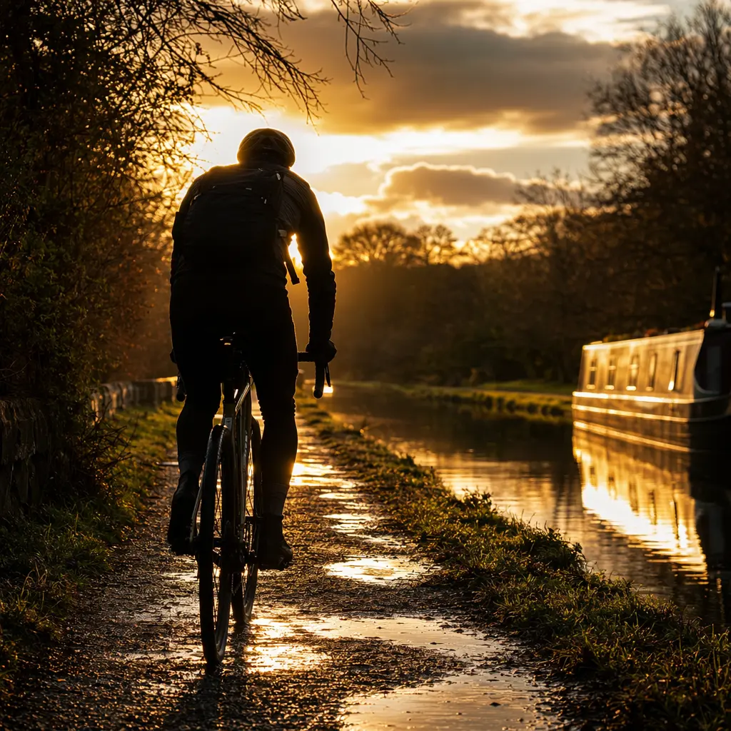 Silhouette of a rider on a gravel bike commuting along a canal towpath at golden hour