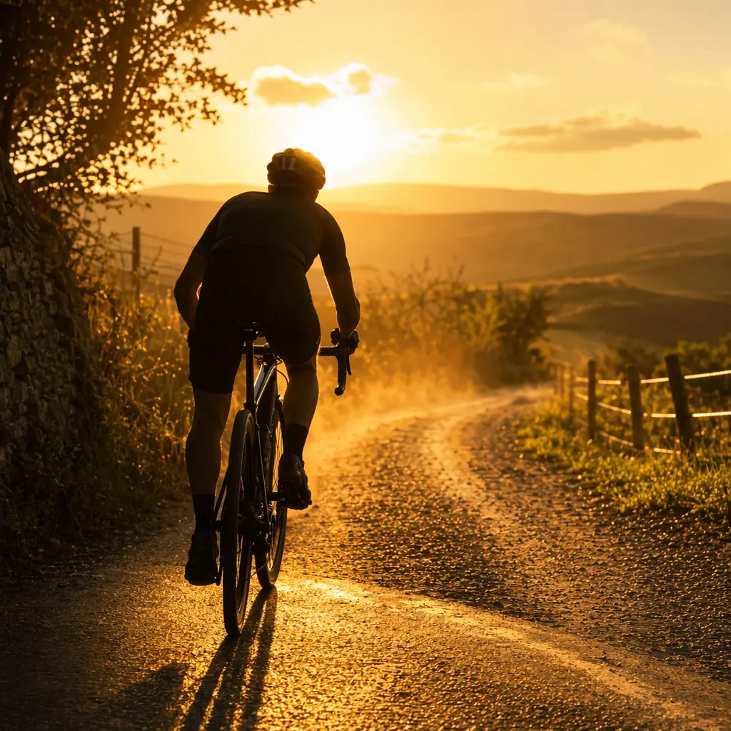 Cyclist riding from smooth tarmac onto a rough gravel shortcut at sunset