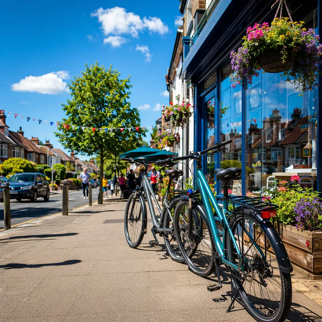 Hybrid bikes parked outside a local shop on a sunny suburban street