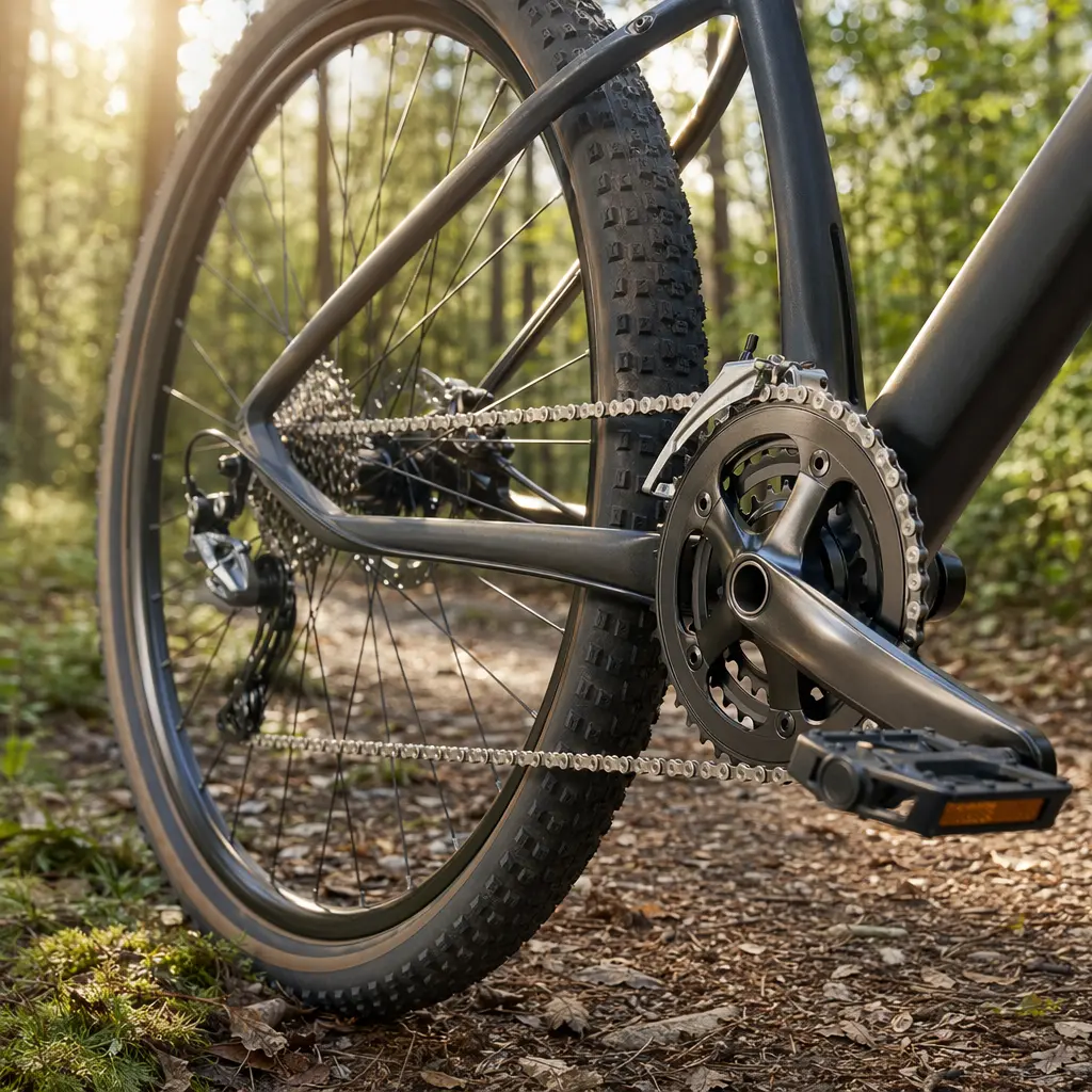 Close-up of a hybrid bike drivetrain and wide tyres in warm sunlight