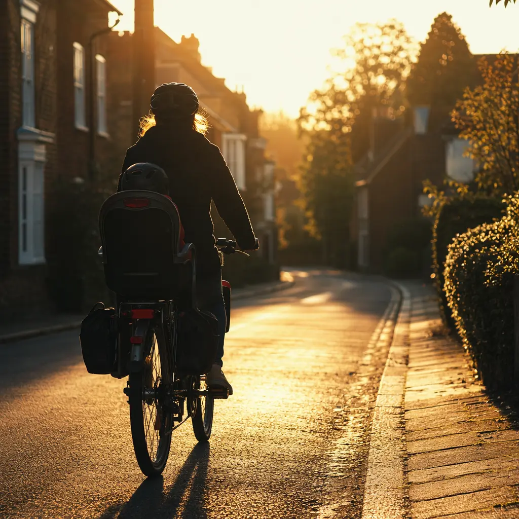 A rider on a hybrid bike cycling through a residential street at golden hour
