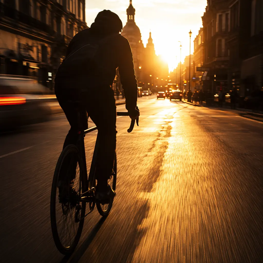 Cyclist commuting on a drop-bar road bike at golden hour in an urban setting