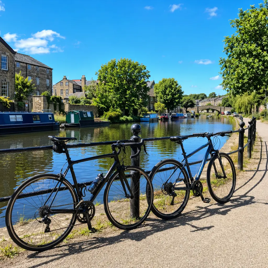 Road bike and hybrid bike parked beside a canal towpath on a sunny day