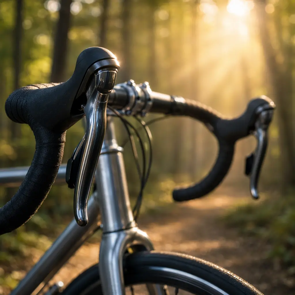Close-up of drop handlebars and brake levers in warm sunlight