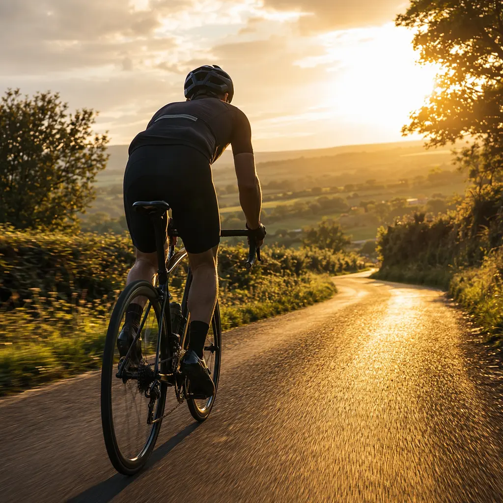 Silhouette of a cyclist on a drop-bar road bike riding along a country lane at golden hour