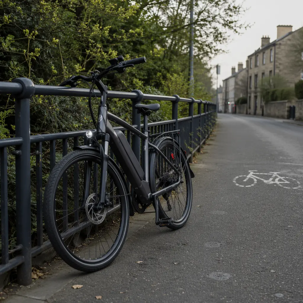 Electric bike on an urban UK cycle path with mudguards and lights