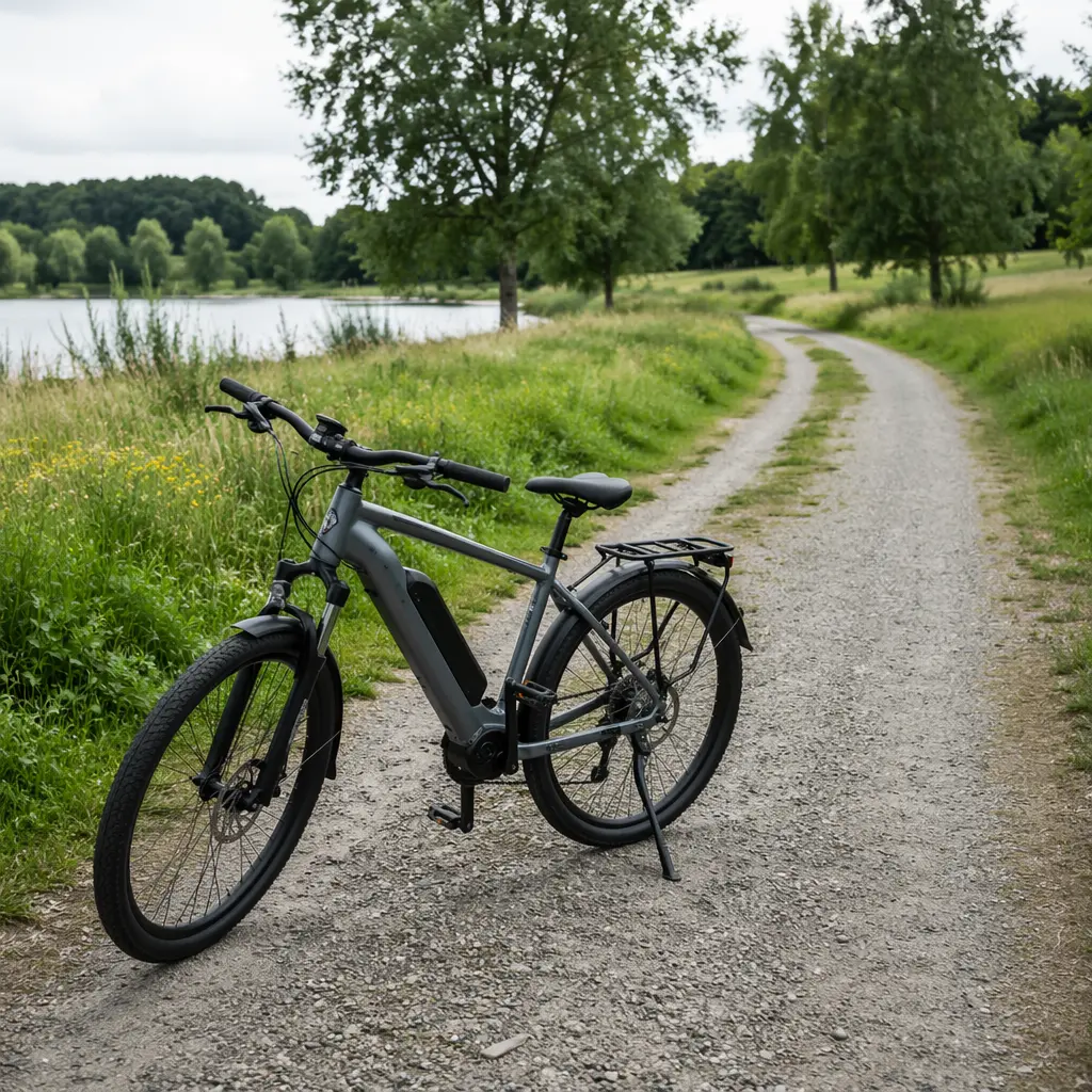 Electric bike resting on a UK gravel cycle track in a park