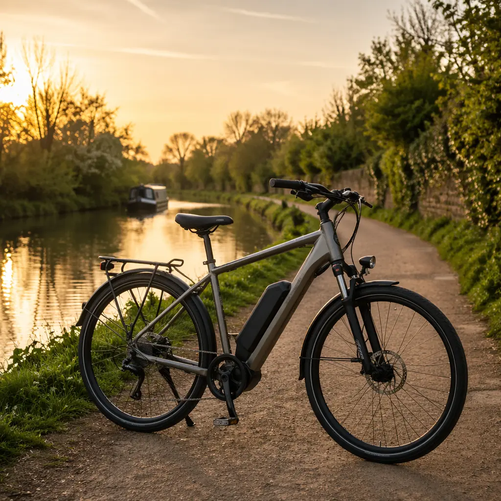 Modern electric commuter bike parked beside a UK canal towpath
