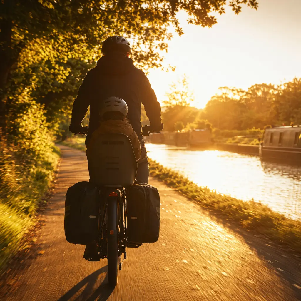 An e-bike carrying shopping and a child seat on a bright canal path at sunset