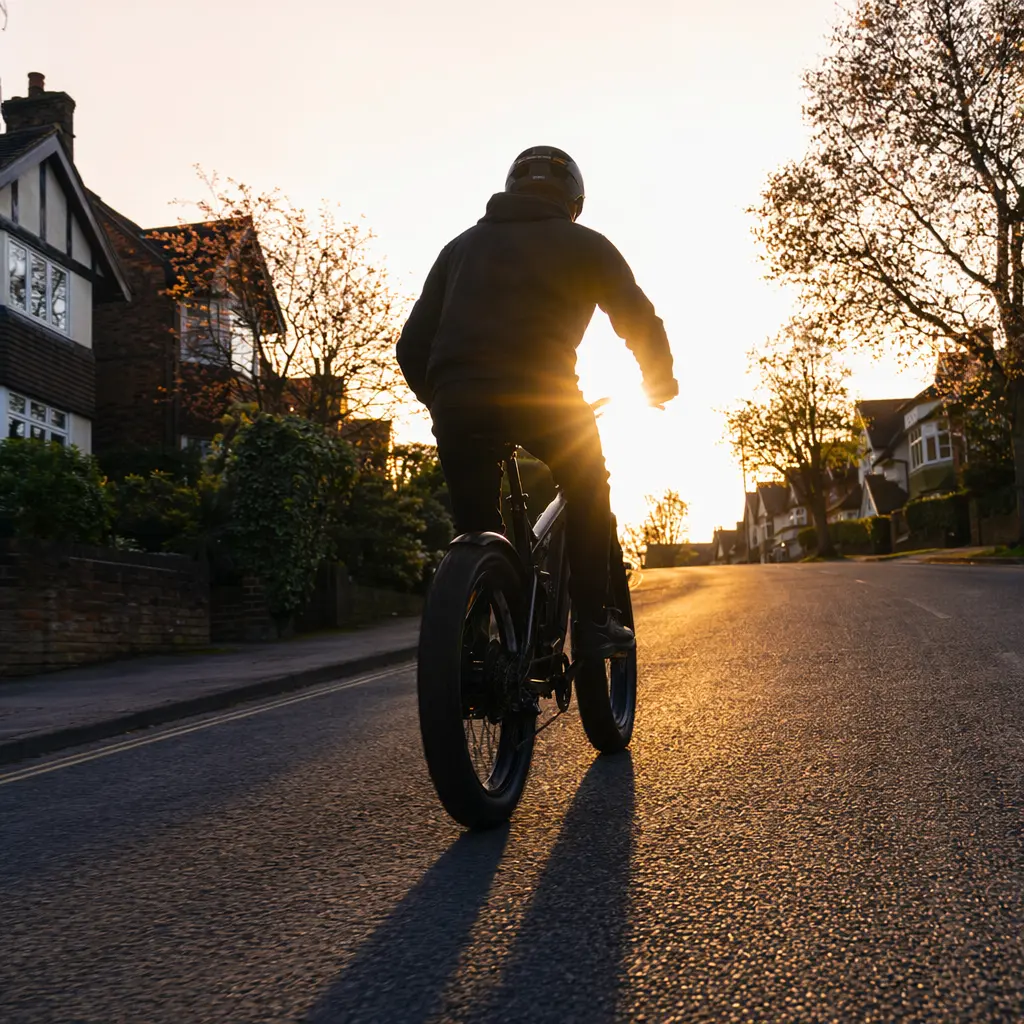 Silhouette of a cyclist on an e-bike climbing a suburban hill in warm evening light