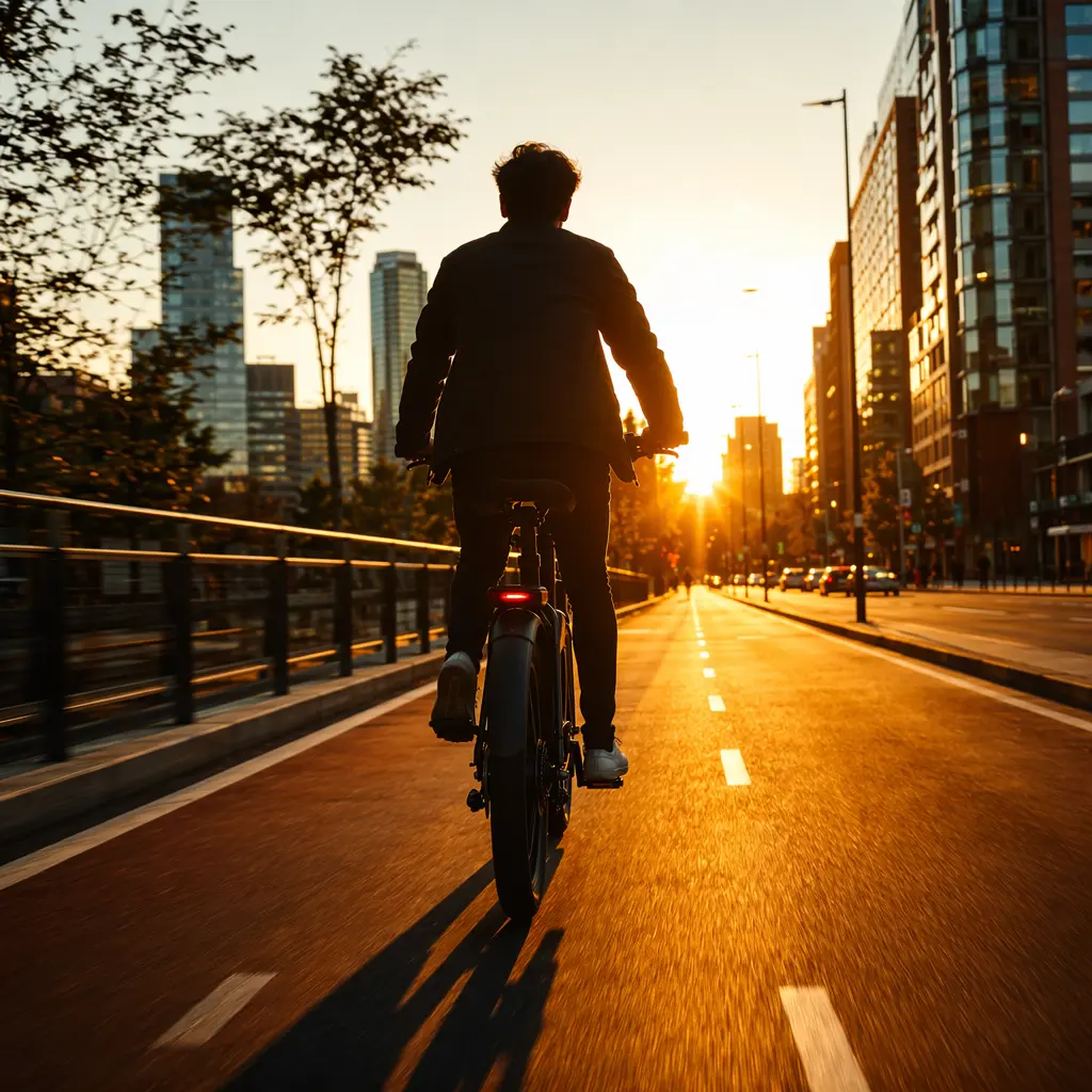Silhouetted rider commuting on an electric bike along a sunny city cycle lane